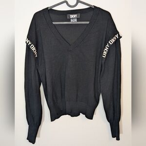 DKNY V neck long sleeve sweater logo shoulder detail black - size M